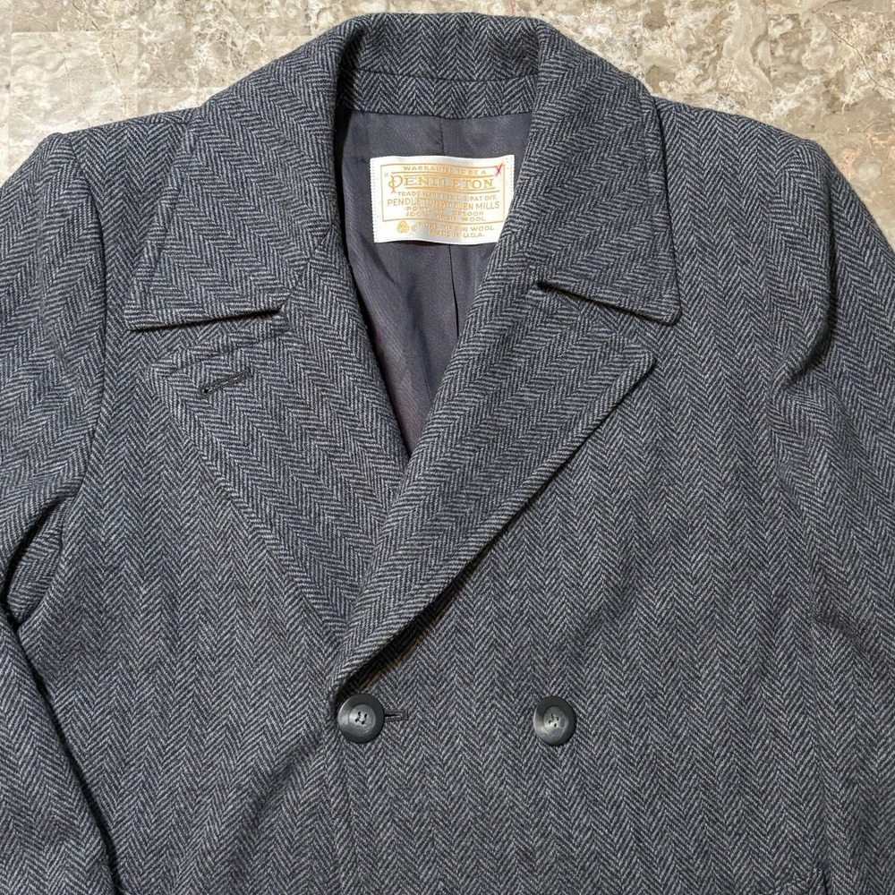 Vintage Pendleton Pea Coat Adult Medium Grey Herringbone Double Breasted Full